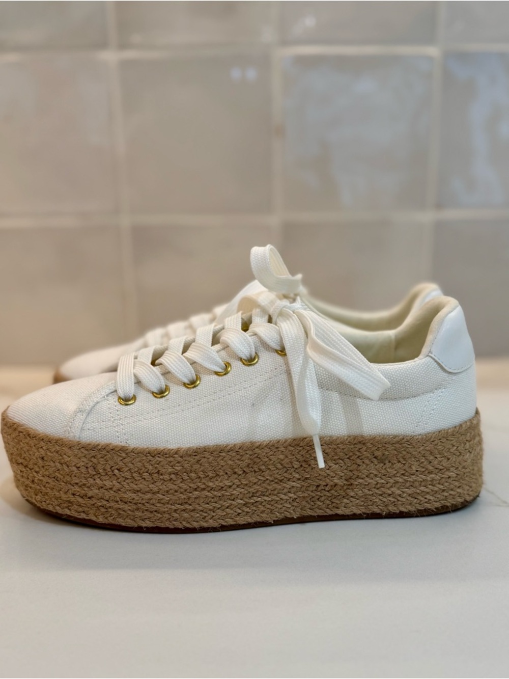 H&M White Canvas Espadrille Lace-Up Sneakers
